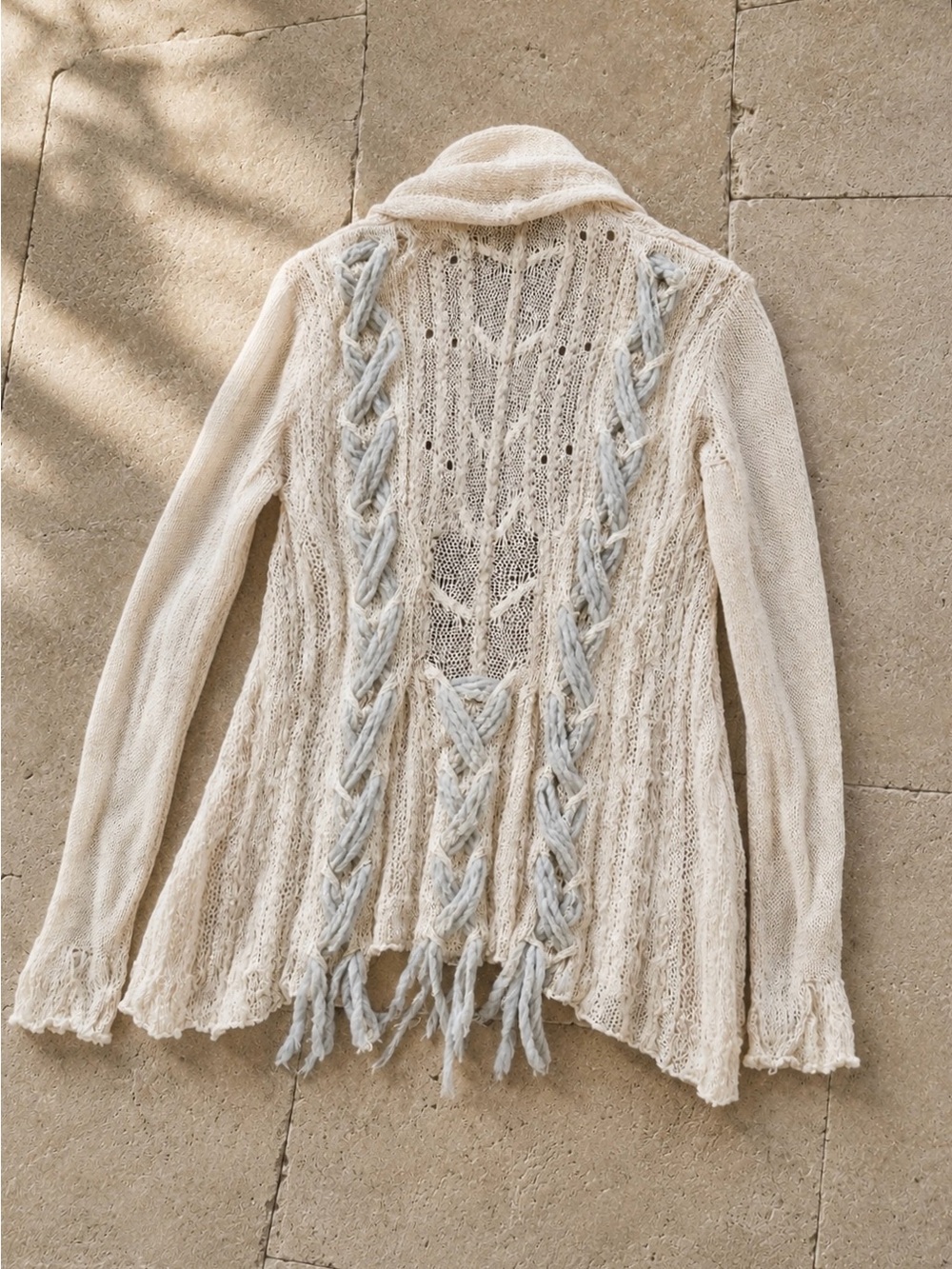 Anthropologie Knitted & Knotted Ivory Blue Braided Open Knit Cardigan XS Petite